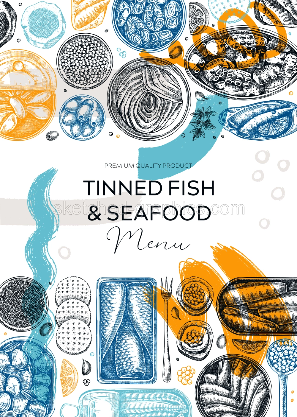 Collage-style tinned fish card or flyer trendy design. Seafood background with hand-drawn sardines, anchovy, mackerel, tuna, mussels in tin cans sketches. Canned fish frame with abstract shapes Illustration
